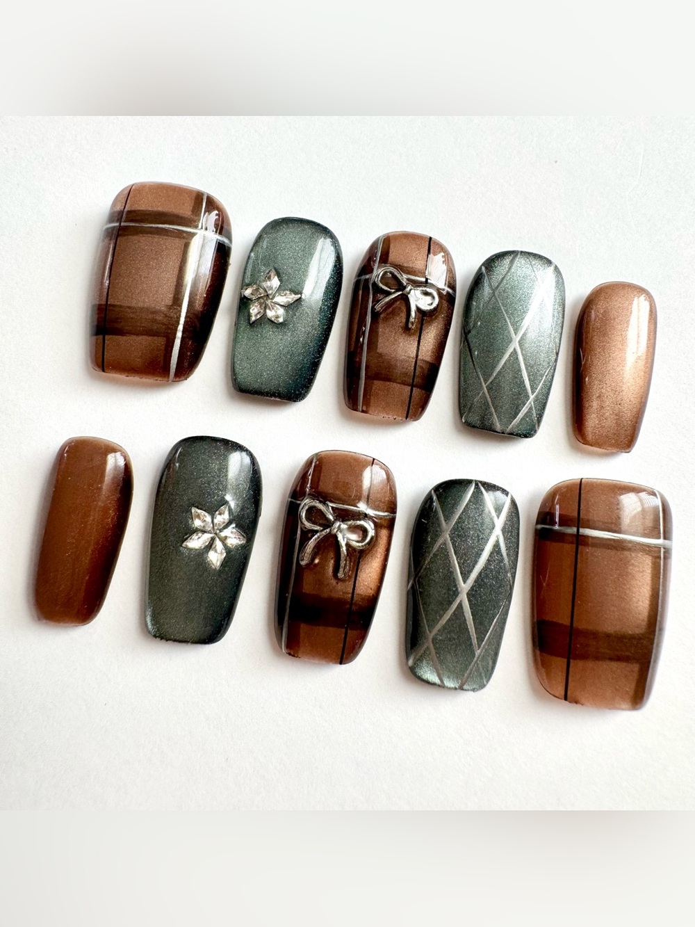Neutral Brown & Metallic Green Press-On Nail Set with Silver Accents